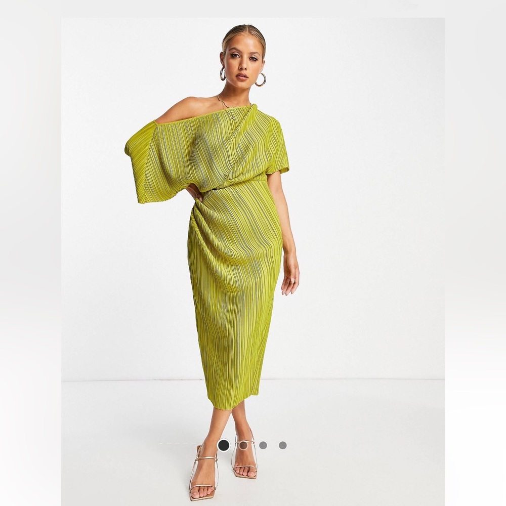 ASOS design fallen shoulder plisse midi dress in golden olive, worn once